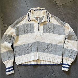 Free People XS Pembrook Striped Gray and Cream Blue Polo Sweater Top Ivory Combo